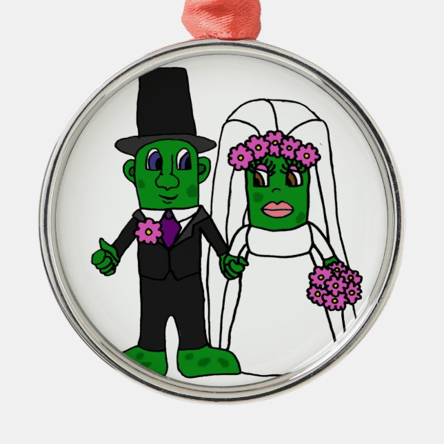 Funny Pickle Bride and Groom Wedding Art Metal Ornament (Front)