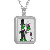 Funny Pickle Bride and Groom Wedding Art Silver Plated Necklace (Front Left)