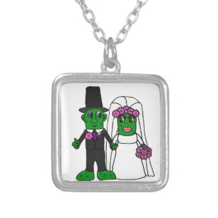 Funny Pickle Bride and Groom Wedding Art Silver Plated Necklace