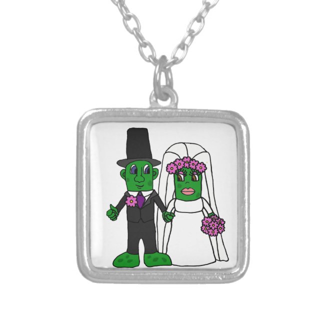 Funny Pickle Bride and Groom Wedding Art Silver Plated Necklace (Front)