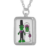 Funny Pickle Bride and Groom Wedding Art Silver Plated Necklace (Front Right)