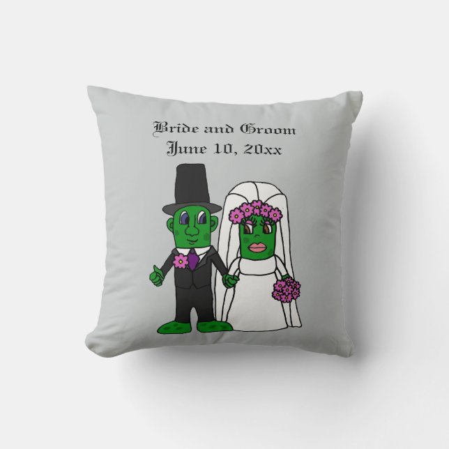 Funny Pickle Bride and Groom Wedding Cartoon Throw Pillow (Front)