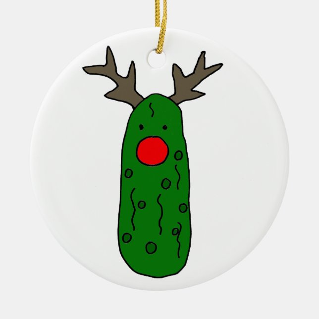 Funny Pickle Christmas Reindeer Cartoon Ceramic Ornament (Front)