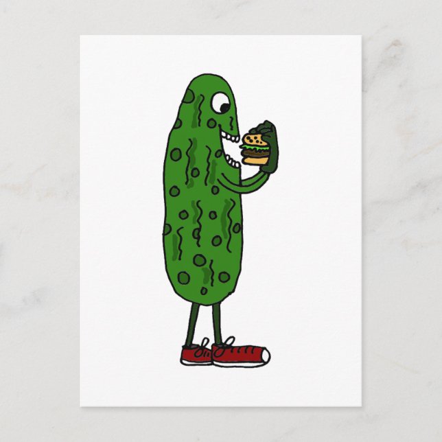 Funny Pickle Eating Hamburger Cartoon Postcard (Front)