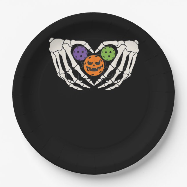 Funny Pickle Halloween Skeleton Hands Heart Pumpki Paper Plates (Front)