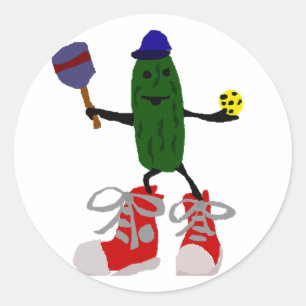 Funny Pickle Holding Pickleball and Paddle Classic Round Sticker