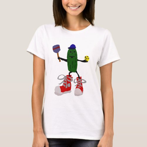 Funny Pickle Holding Pickleball and Paddle T_Shirt