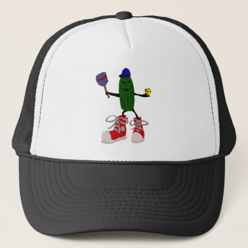 Funny Pickle Holding Pickleball and Paddle Trucker Hat