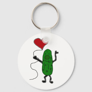 Funny Pickle is Holding Red Heart Balloon Keychain
