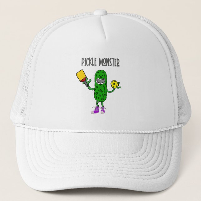 Funny Pickle Monster Pickleball Cartoon Trucker Hat (Front)