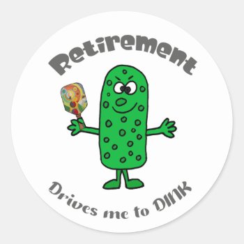 Funny Pickle Pickleball Player Retirement Cartoon Classic Round Sticker by pickleballfan at Zazzle