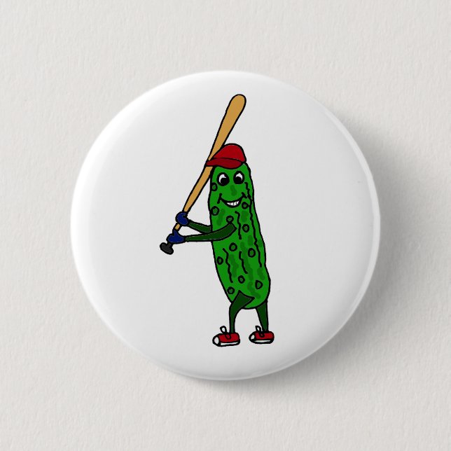 Funny Pickle Playing Baseball Cartoon Button (Front)
