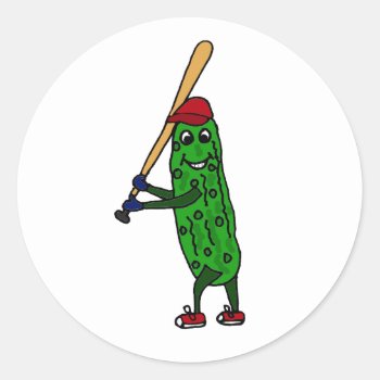 Funny Pickle Playing Baseball Cartoon Classic Round Sticker by patcallum at Zazzle