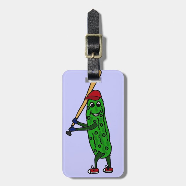 Funny Pickle Playing Baseball Cartoon Luggage Tag (Front Vertical)