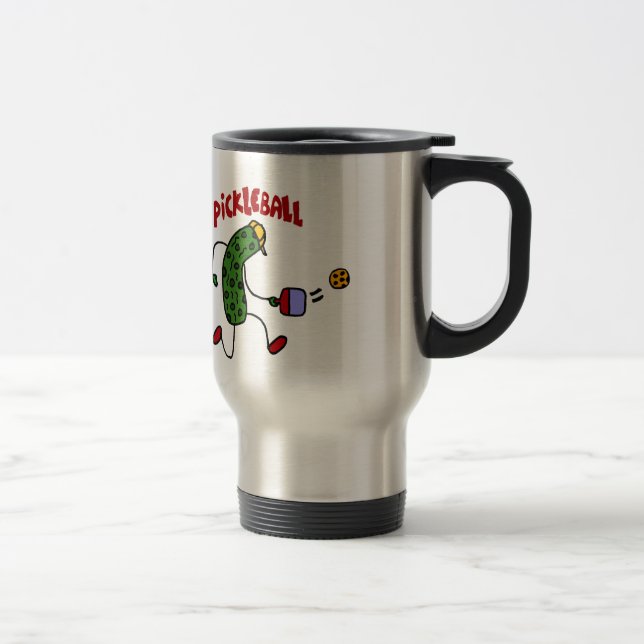 Funny Pickle Playing Pickleball Action Design Travel Mug (Right)