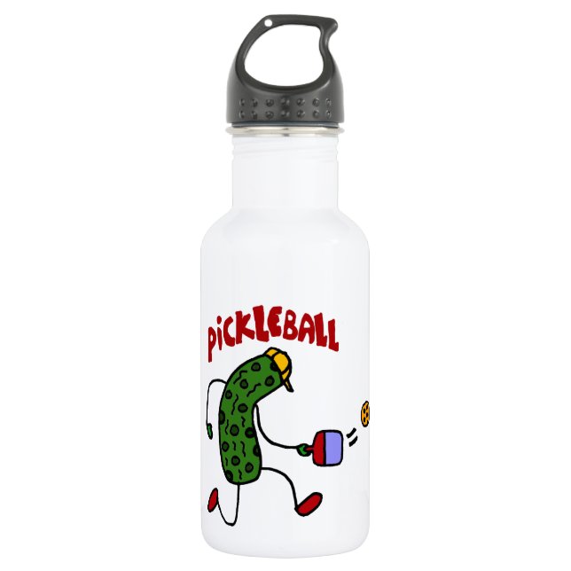 Funny Pickle Playing Pickleball Action Design Water Bottle (Front)