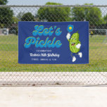 Funny Pickle Playing Pickleball Birthday Party Banner<br><div class="desc">A fun banner for your next pickleball party, tournament or special event. Design features a funny cartoon pickle holding a Pickleball Paddle and a cool font that reads "Let's Pickle" Easily change the text and background color. Great for an adult or kid's pickleball birthday party, pickleball weekend gathering, getaway, pickleball...</div>