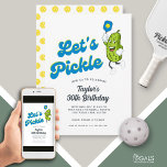 Funny Pickle Playing Pickleball Birthday Party Invitation<br><div class="desc">A fun invitation for your next pickleball party. Design features funny cartoon pickle holding a Pickleball Paddle and a cool font that reads "Let's Pickle" Easily add all your custom party details. Great for an adult or kid's pickleball birthday party, pickleball weekend gathering, getaway, pickleball club party or everyday fun....</div>