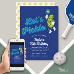 Funny Pickle Playing Pickleball Birthday Party Invitation<br><div class="desc">A fun invitation for your next pickleball party. Design features funny cartoon pickle holding a Pickleball Paddle and a cool font that reads "Let's Pickle" Easily add all your custom party details. Great for an adult or kid's pickleball birthday party, pickleball weekend gathering, getaway, pickleball club party or everyday fun....</div>