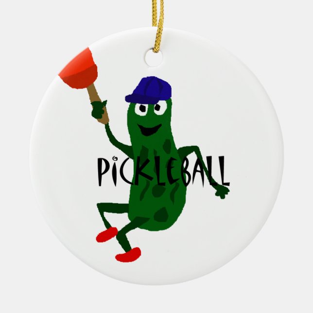 Funny Pickle Playing Pickleball Ceramic Ornament (Front)