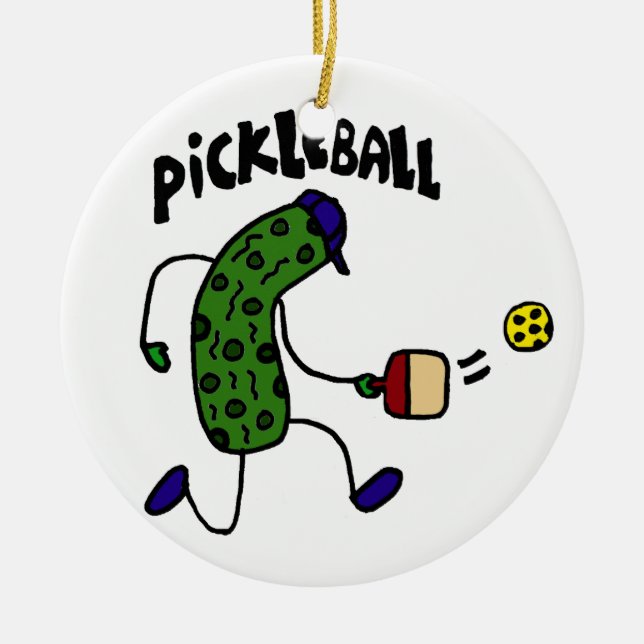 Funny Pickle Playing Pickleball Ceramic Ornament (Front)