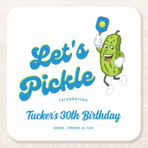 Funny Pickle Playing Pickleball Custom Text Square Paper Coaster