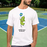 Funny Pickle Playing Pickleball Custom Text T-Shirt<br><div class="desc">The perfect shirt for a pickleball fanatic.  Design features a pickle playing pickleball.  Add custom text to personalize or delete.</div>