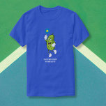 Funny Pickle Playing Pickleball Custom Text T-Shirt<br><div class="desc">The perfect shirt for a pickleball fanatic.  Design features a pickle playing pickleball.  Add custom text to personalize or delete.</div>