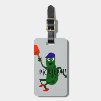 Funny Pickle Playing Pickleball Luggage Tag by pickleballfan at Zazzle