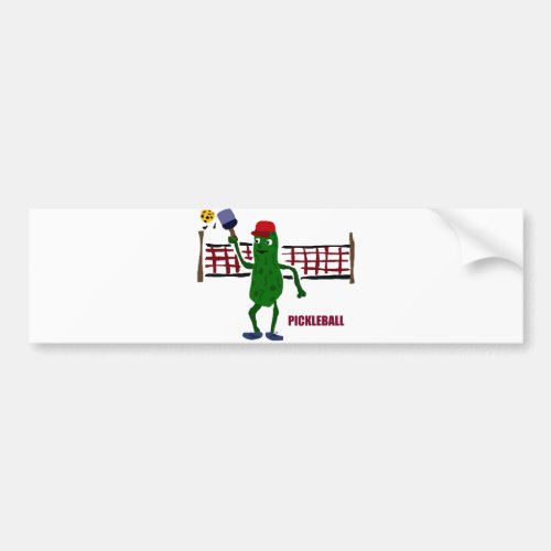 Funny Pickle Playing Pickleball with Net Art Bumper Sticker