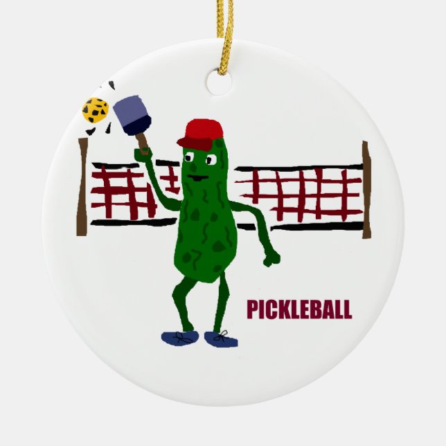Funny Pickle Playing Pickleball with Net Art Ceramic Ornament (Front)