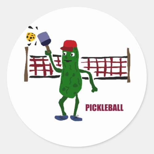 Funny Pickle Playing Pickleball with Net Art Classic Round Sticker