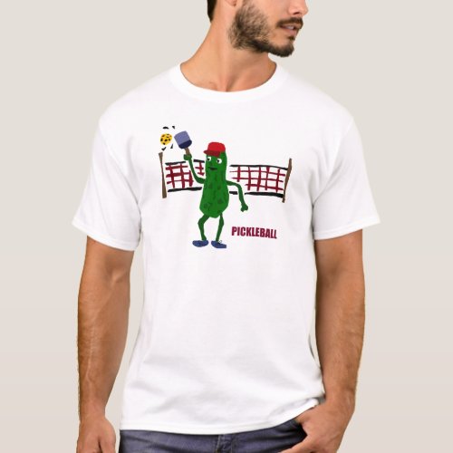 Funny Pickle Playing Pickleball with Net Art T_Shirt