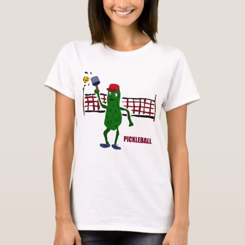 Funny Pickle Playing Pickleball with Net Art T_Shirt