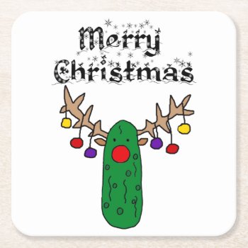 Funny Pickle Reindeer Merry Christmas Art Square Paper Coaster by ChristmasSmiles at Zazzle