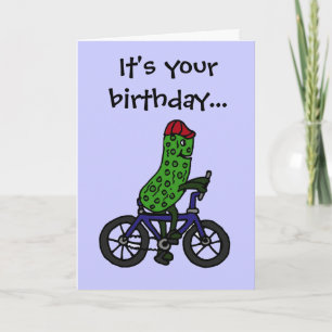 Funny Pickle Riding Bicycle Cartoon Card