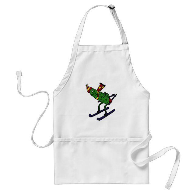 Funny Pickle Skiing Cartoon Adult Apron (Front)