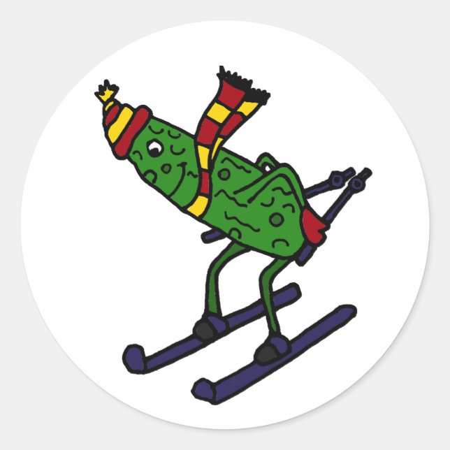 Funny Pickle Skiing Cartoon Classic Round Sticker (Front)