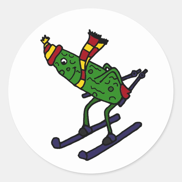 Funny Pickle Skiing Cartoon Round Stickers