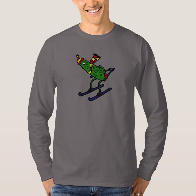 Funny Pickle Skiing Cartoon T-Shirt (Front)