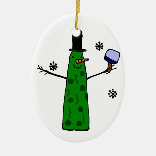 Funny Pickle Snowman Holding Pickleball Paddle Ceramic Ornament