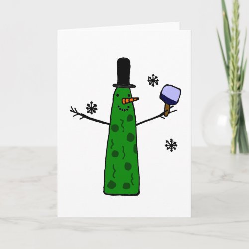 Funny Pickle Snowman Holding Pickleball Paddle Holiday Card