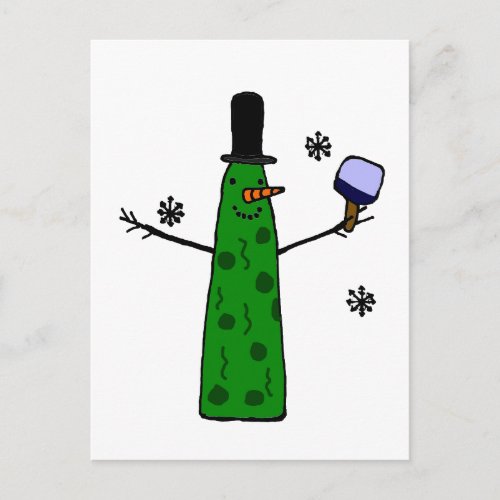 Funny Pickle Snowman Holding Pickleball Paddle Postcard