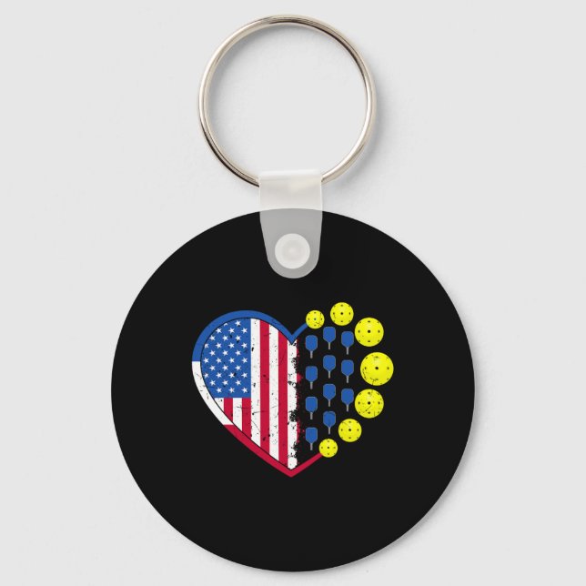 Funny Pickleball Ball With American Flag Heart 4th Keychain (Front)