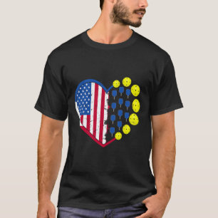 Funny Pickleball Ball With American Flag Heart 4th T-Shirt