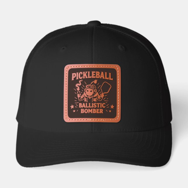 Funny Pickleball Ballistic Bomber Mascot Leather Patch Hat (Front)