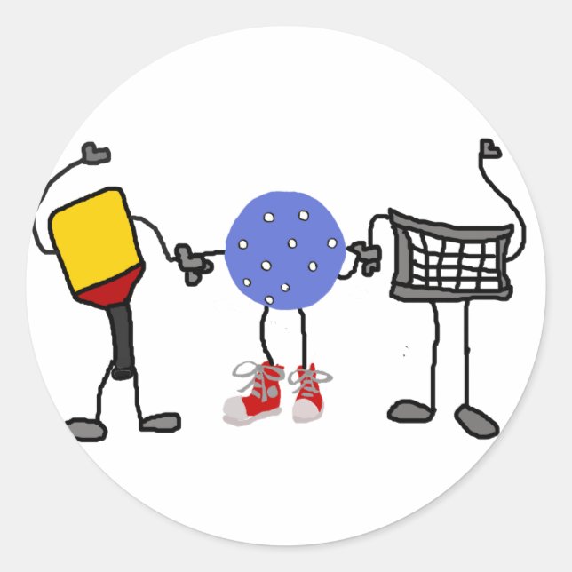 Funny Pickleball Cartoon Characters Classic Round Sticker (Front)