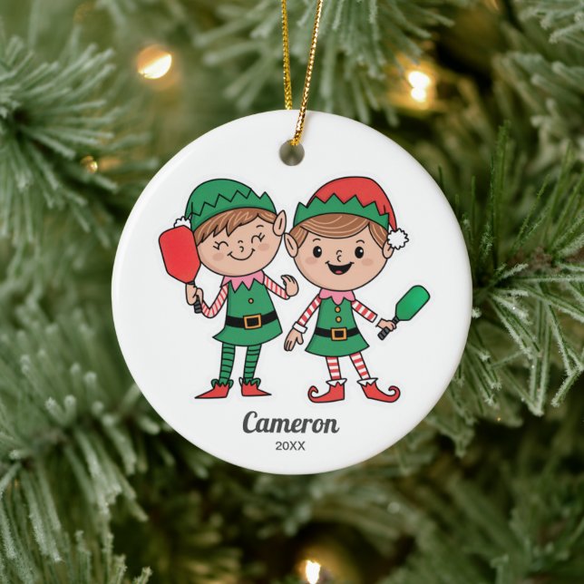Funny Pickleball Christmas Elves, Add Photo Text Ceramic Ornament (Tree)