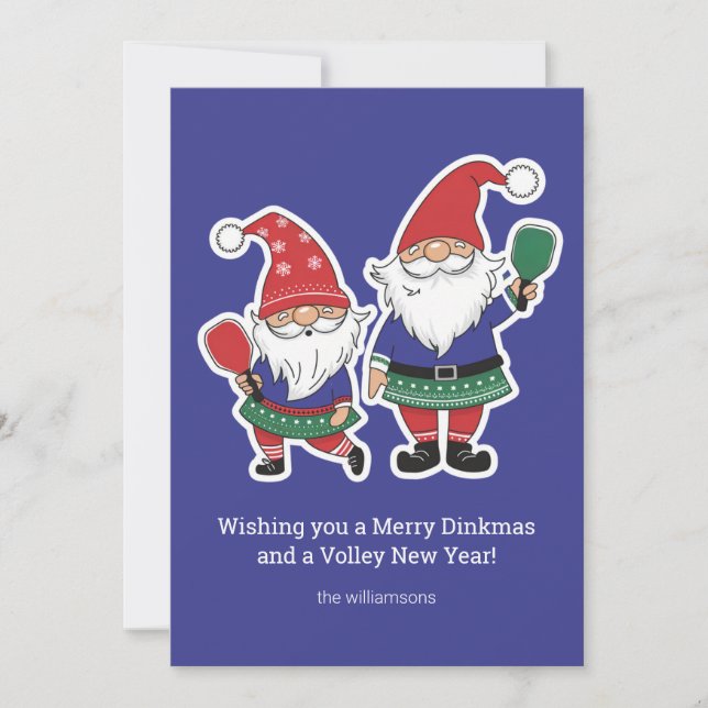 Funny Pickleball Christmas Gnomes, Custom Text Holiday Card (Front)