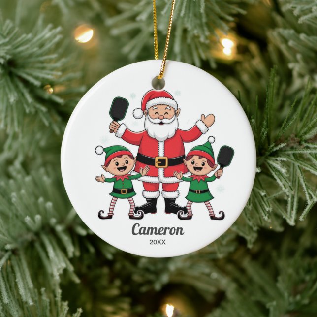 Funny Pickleball Christmas Santa, Elves, Photo, Ceramic Ornament (Tree)